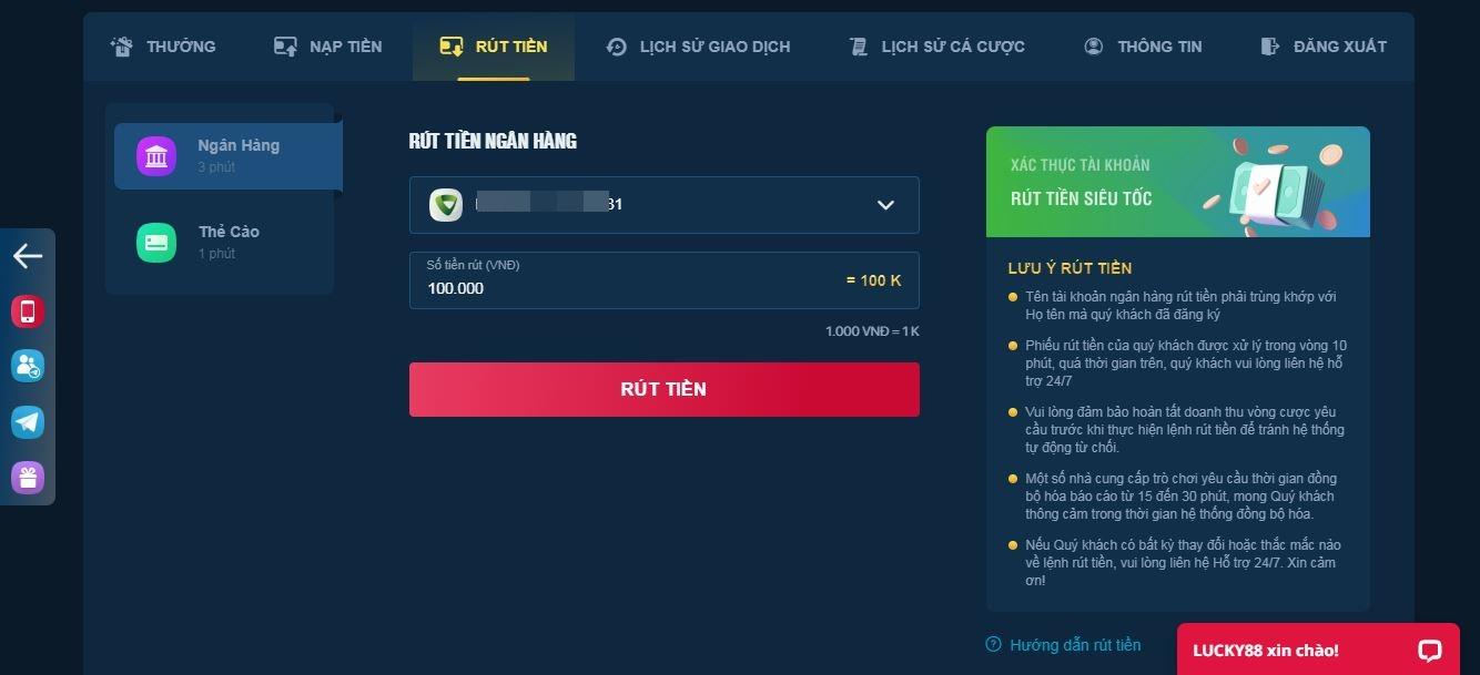 Cách rút tiền tài khoản Lucky88